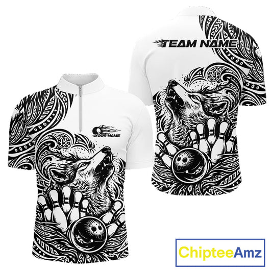Custom Black And White Tribal Pattern Maori Style Wolf Bowling Team Men Quarter-Zip Shirts IPHW10330