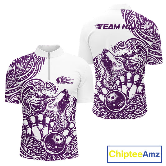 Custom Purple Tribal Pattern Maori Style Wolf Bowling Team Men Quarter-Zip Shirts IPHW10331