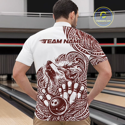 Custom Burgundy Tribal Pattern Maori Style Wolf Bowling Team Men Quarter-Zip Shirts IPHW10332