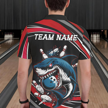 Black And Red Custom Shark Bowling Team Polo Shirts For Men, Shark Bowling League Shirt IPHW8726