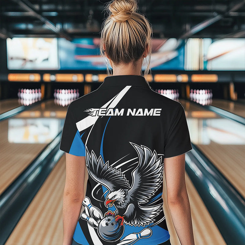 Custom Black And Blue Eagle Bowling Women Polo Shirts, Eagle Bowling Team Jerseys IPHW8733