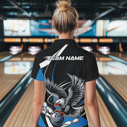 Custom Black And Blue Eagle Bowling Women Polo Shirts, Eagle Bowling Team Jerseys IPHW8733