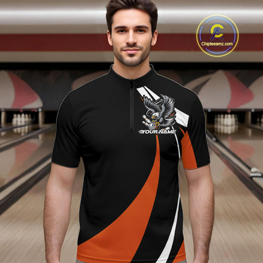 Custom Black And Orange Eagle Bowling Jerseys, Eagle Bowling League Shirt Team Uniform IPHW10814
