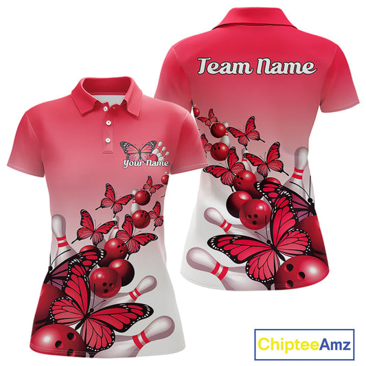Custom Red Gradient Butterfly Bowling Women Polo Shirts For Team, Bowling League Shirt IPHW10824