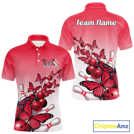 Custom Red Gradient Butterfly Bowling Men Polo Shirts For Team, Bowling League Shirt IPHW10824