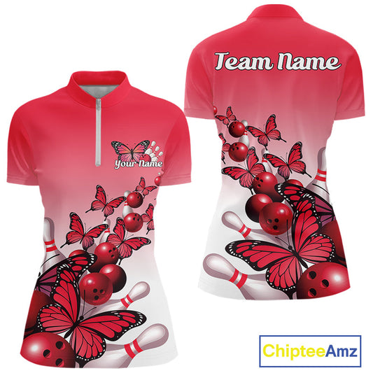 Custom Red Gradient Butterfly Bowling Women Quarter-Zip Shirts, Bowling League Shirt IPHW10824