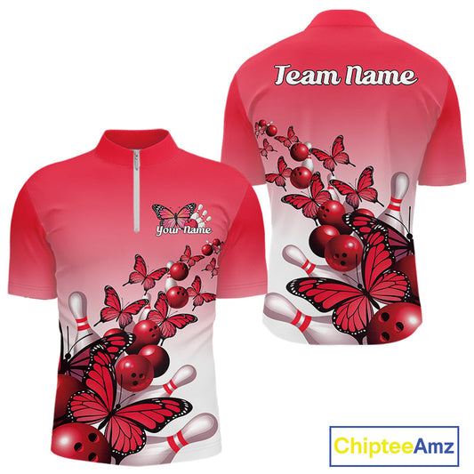 Custom Red Gradient Butterfly Bowling Men Quarter-Zip Shirts For Team, Bowling League Shirt IPHW10824