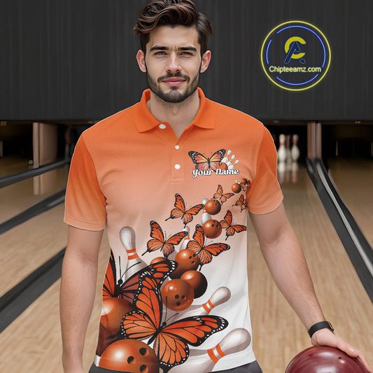 Custom Orange Gradient Butterfly Bowling Men Polo Shirts For Team, Bowling League Shirt IPHW10825
