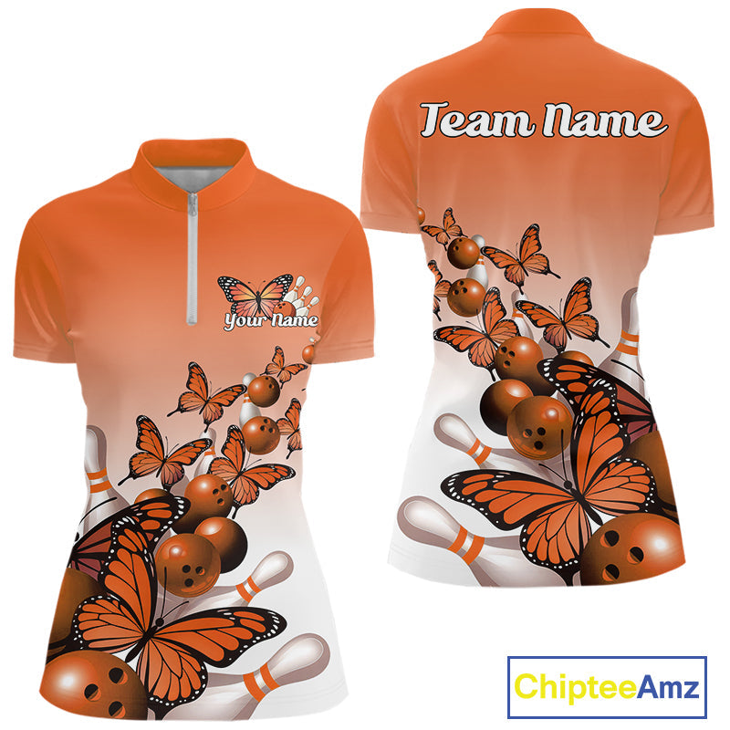Custom Orange Gradient Butterfly Bowling Women Quarter-Zip Shirts, Bowling League Shirt IPHW10825
