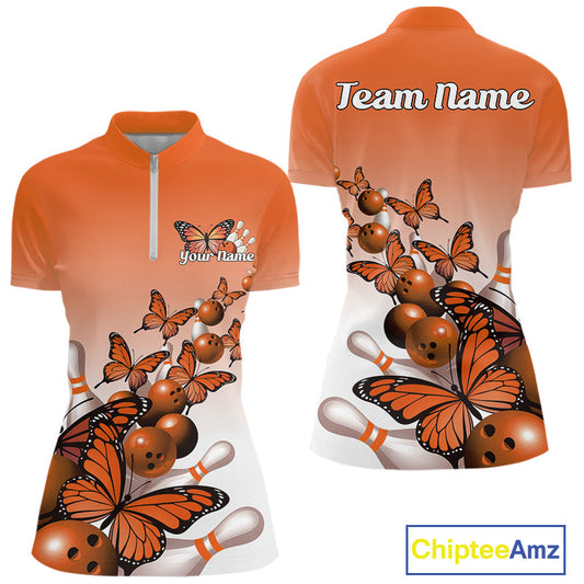 Custom Orange Gradient Butterfly Bowling Women Quarter-Zip Shirts, Bowling League Shirt IPHW10825