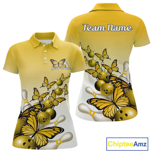 Custom Yellow Gradient Butterfly Bowling Women Polo Shirts For Team, Bowling League Shirt IPHW10826