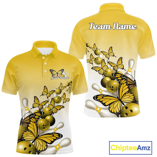 Custom Yellow Gradient Butterfly Bowling Men Polo Shirts For Team, Bowling League Shirt IPHW10826