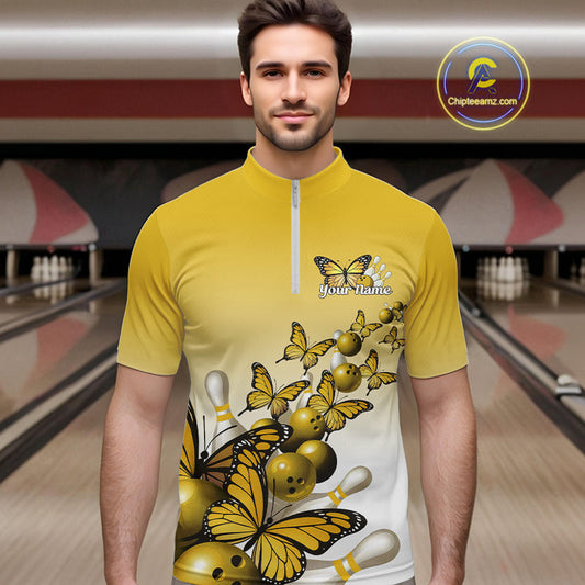 Custom Yellow Gradient Butterfly Bowling Men Quarter-Zip Shirts For Team, Bowling League Shirt IPHW10826