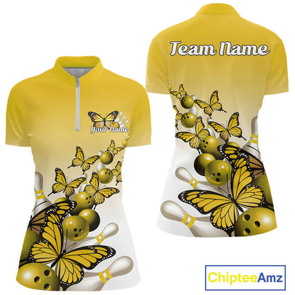 Custom Yellow Gradient Butterfly Bowling Women Quarter-Zip Shirts, Bowling League Shirt IPHW10826