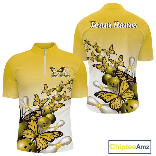 Custom Yellow Gradient Butterfly Bowling Men Quarter-Zip Shirts For Team, Bowling League Shirt IPHW10826