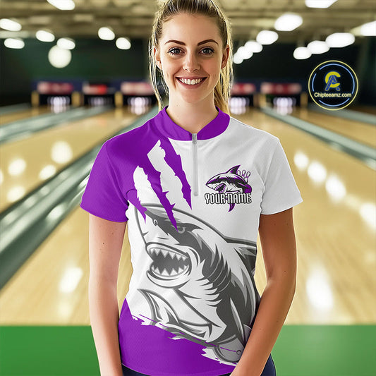 Custom White And Purple Shark Jerseys, Bowling Team Women Quarter-Zip Shirt Bowler Outfit IPHW8988