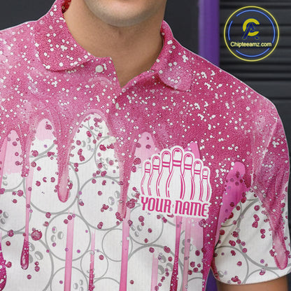3D Pink Glitter Pink Ribbon Pattern Custom Breast Cancer Bowling Polo Shirts For Men And Women IPHW7051
