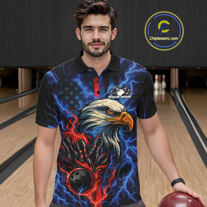 Custom Red And Blue Lightning Flame Eagle Men Bowling Shirt, Patriotic US Team Shirt IPHW10171