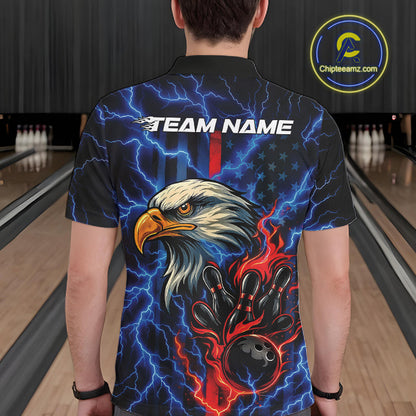 Custom Red And Blue Lightning Flame Eagle Men Bowling Shirt, Patriotic US Team Shirt IPHW10171
