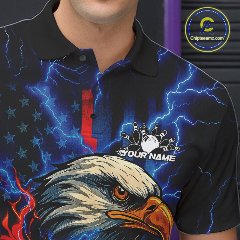 Custom Red And Blue Lightning Flame Eagle Men Bowling Shirt, Patriotic US Team Shirt IPHW10171
