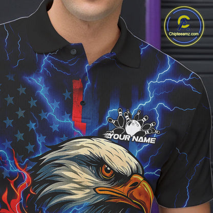 Custom Red And Blue Lightning Flame Eagle Men Bowling Shirt, Patriotic US Team Shirt IPHW10171