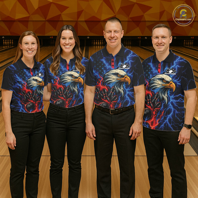 Custom Red And Blue Lightning Flame Eagle Men Bowling Shirt, Patriotic US Team Shirt IPHW10171