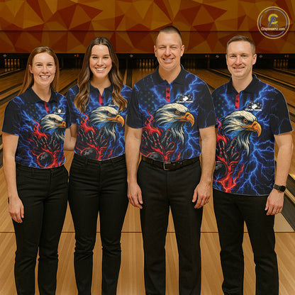 Custom Red And Blue Lightning Flame Eagle Men Bowling Shirt, Patriotic US Team Shirt IPHW10171