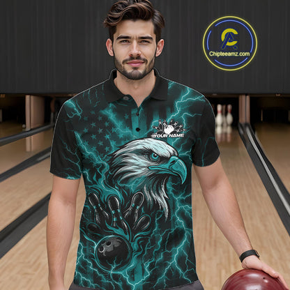 Custom Turquoise Blue Lightning Flame Eagle Men Bowling Shirt, Patriotic US Team Shirt IPHW10172