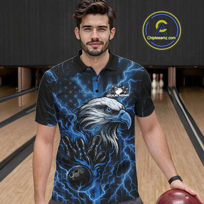 Custom Mid Blue Lightning Flame Eagle Men Bowling Shirt, Patriotic US Team Shirt IPHW10173