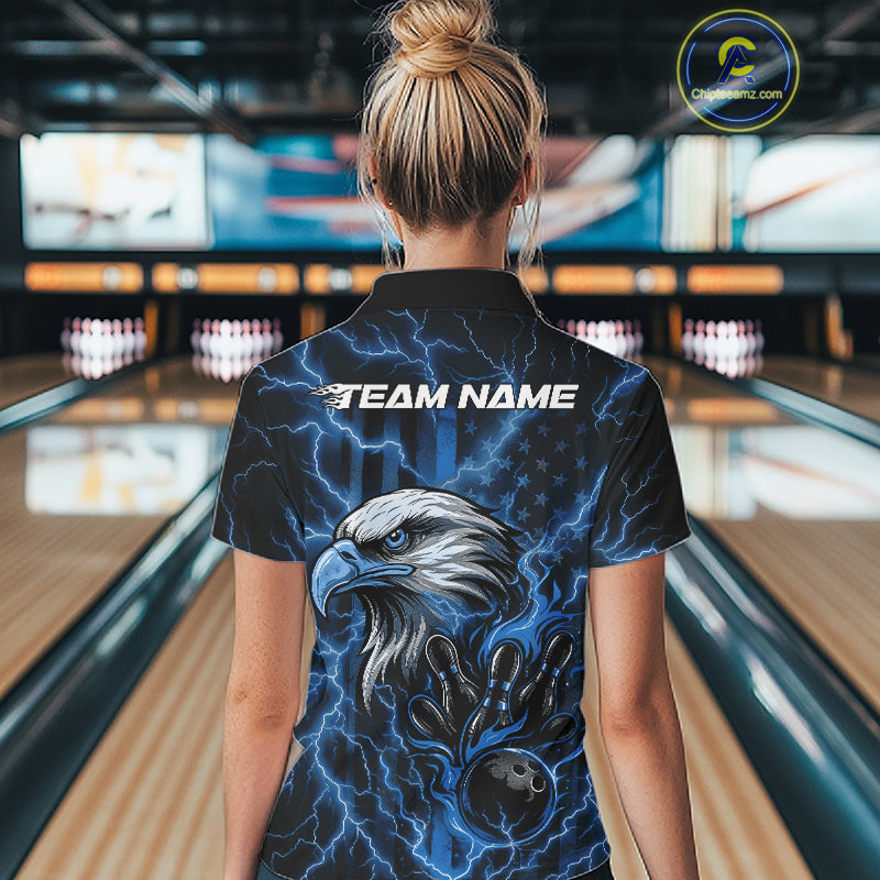Custom Mid Blue Lightning Flame Eagle Women Bowling Shirt, Patriotic US Team Shirt IPHW10173
