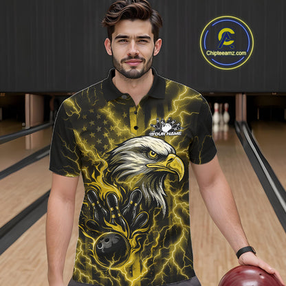 Custom Yellow Lightning Flame Eagle Men Bowling Shirt, Patriotic US Team Shirt IPHW10174