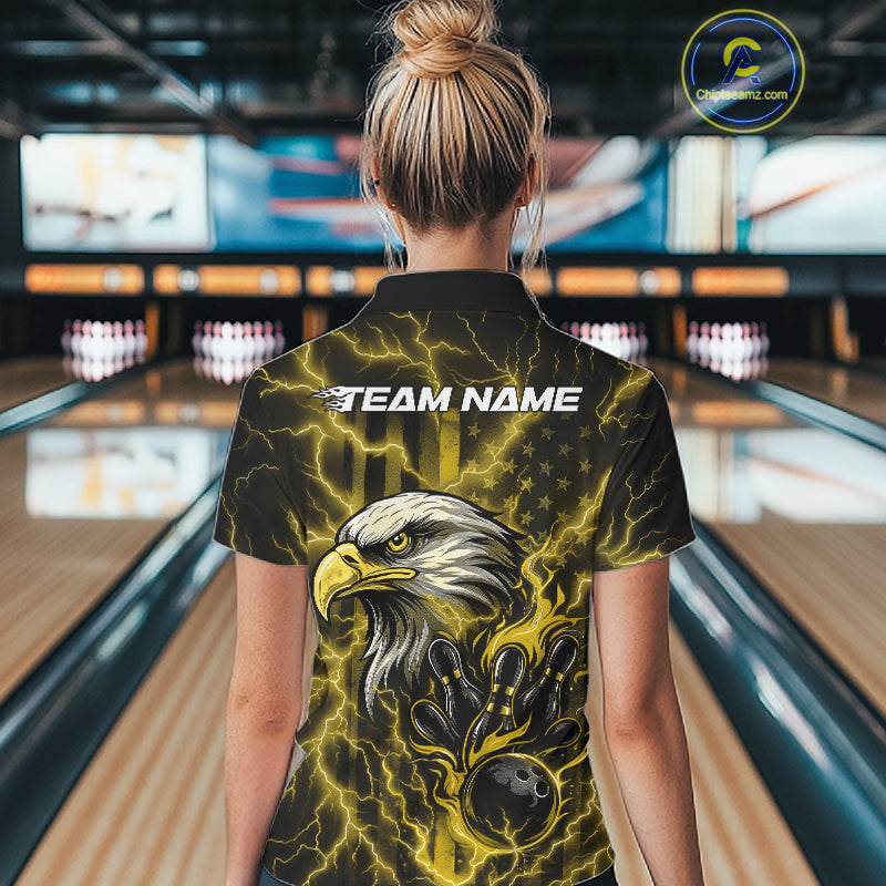 Custom Yellow Lightning Flame Eagle Women Bowling Shirt, Patriotic US Team Shirt IPHW10174