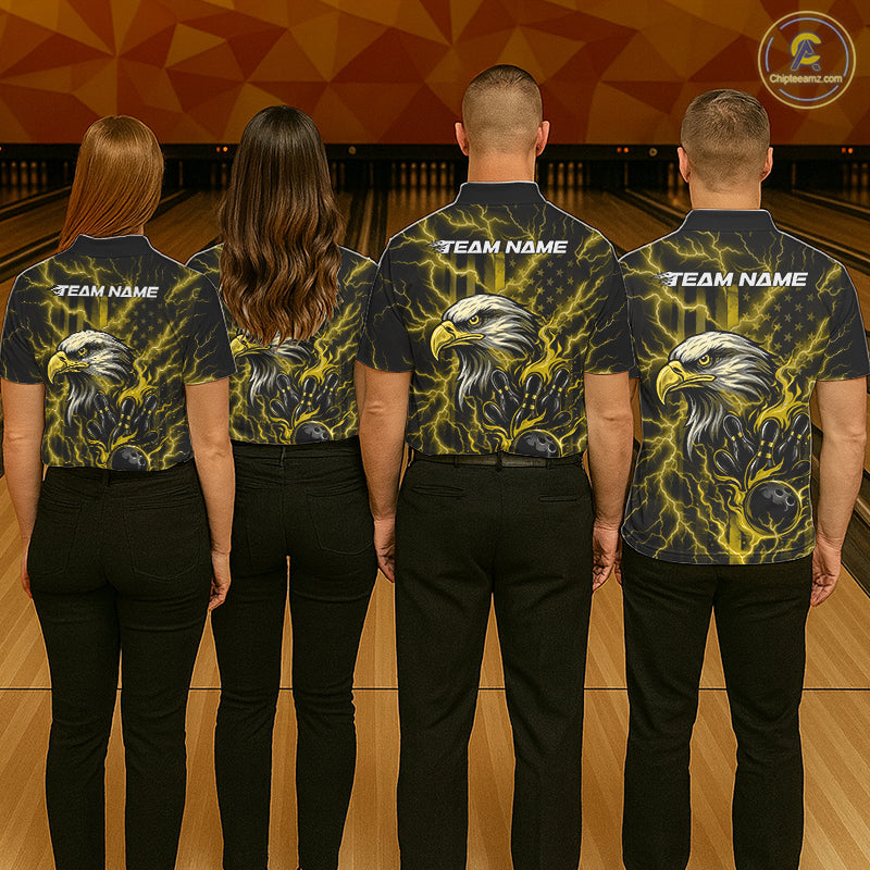 Custom Yellow Lightning Flame Eagle Men Bowling Shirt, Patriotic US Team Shirt IPHW10174