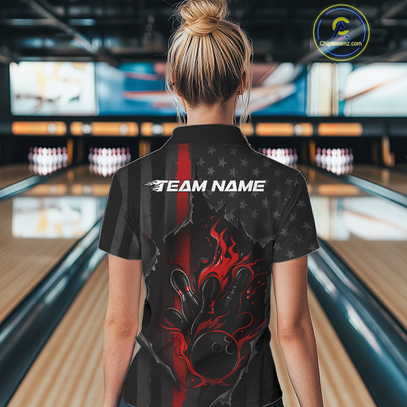 Custom Red Thin Line American Flag Patriotic Flame Bowling Team Women Polo Shirts IPHW10179