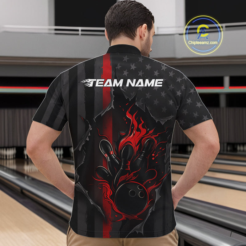Custom Red Thin Line American Flag Patriotic Flame Bowling Team Men Quarter-Zip Shirts IPHW10179