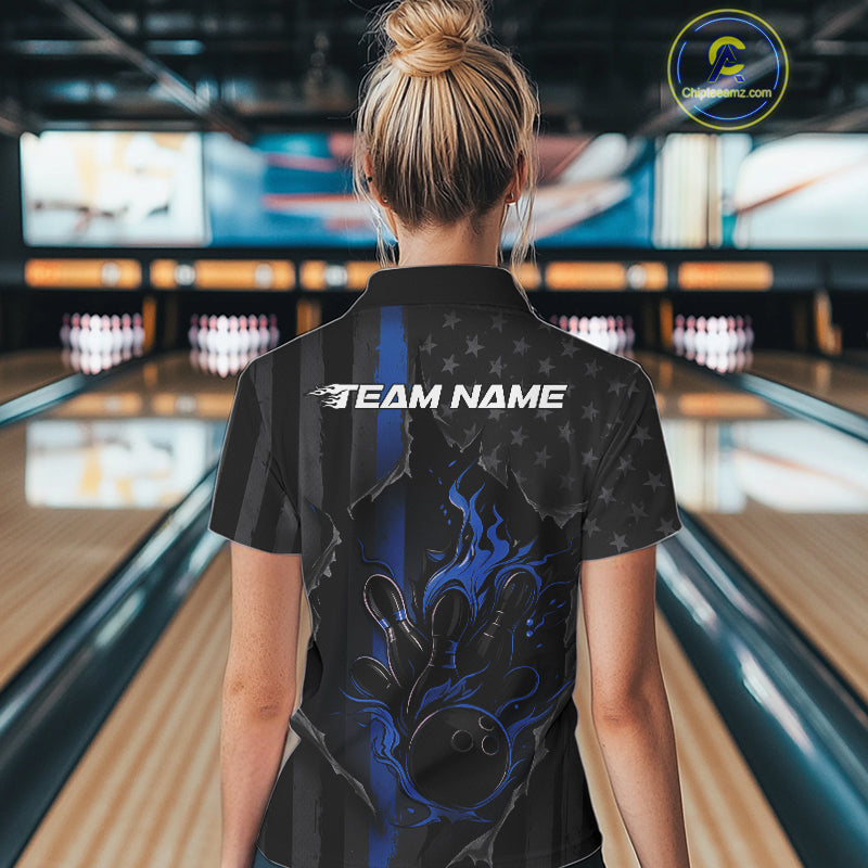 Custom Blue Thin Line American Flag Patriotic Flame Bowling Team Women Polo Shirts IPHW10180
