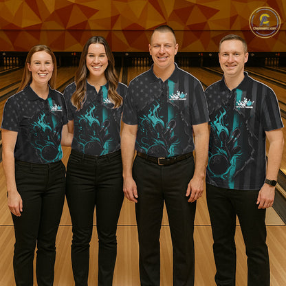 Custom Turquoise Blue Thin Line American Flag Patriotic Flame Bowling Team Men Polo Shirts IPHW10181