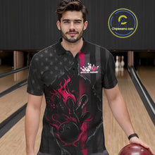 Load image into Gallery viewer, Custom Pink Thin Line American Flag Patriotic Flame Bowling Team Men Polo Shirts IPHW10182