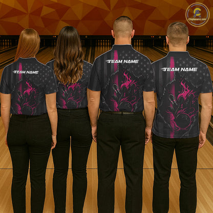 Custom Pink Thin Line American Flag Patriotic Flame Bowling Team Men Polo Shirts IPHW10182