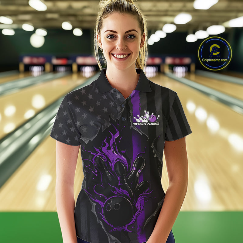 Custom Purple Thin Line American Flag Patriotic Flame Bowling Team Women Polo Shirts IPHW10183
