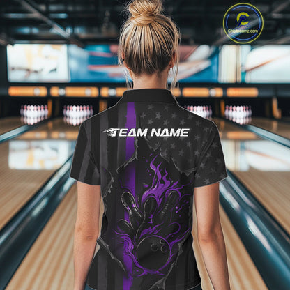 Custom Purple Thin Line American Flag Patriotic Flame Bowling Team Women Polo Shirts IPHW10183