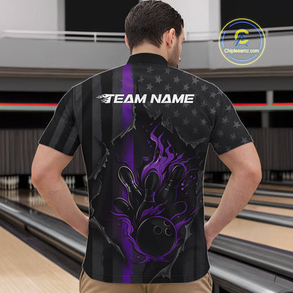 Custom Purple Thin Line American Flag Patriotic Flame Bowling Team Men Quarter-Zip Shirts IPHW10183
