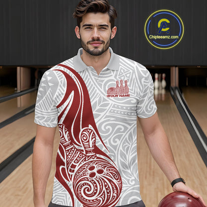 Custom Red Polynesian Tribal Bowling Men Polo Shirt, Maori Style Bowling Shirt IPHW10337