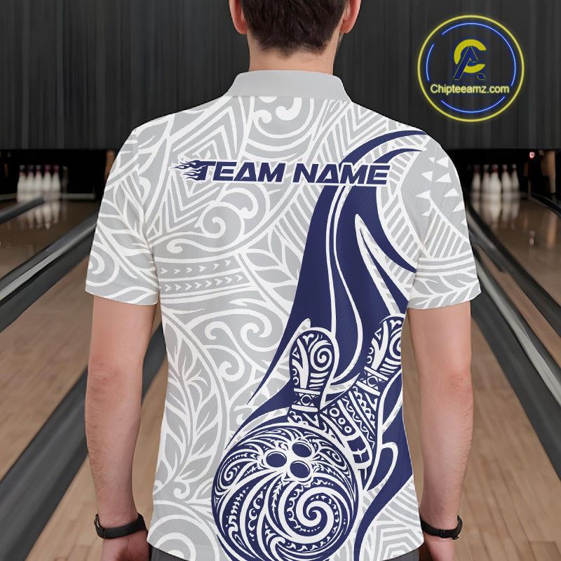 Custom Blue Polynesian Tribal Bowling Men Polo Shirt, Maori Style Bowling Shirt IPHW10338