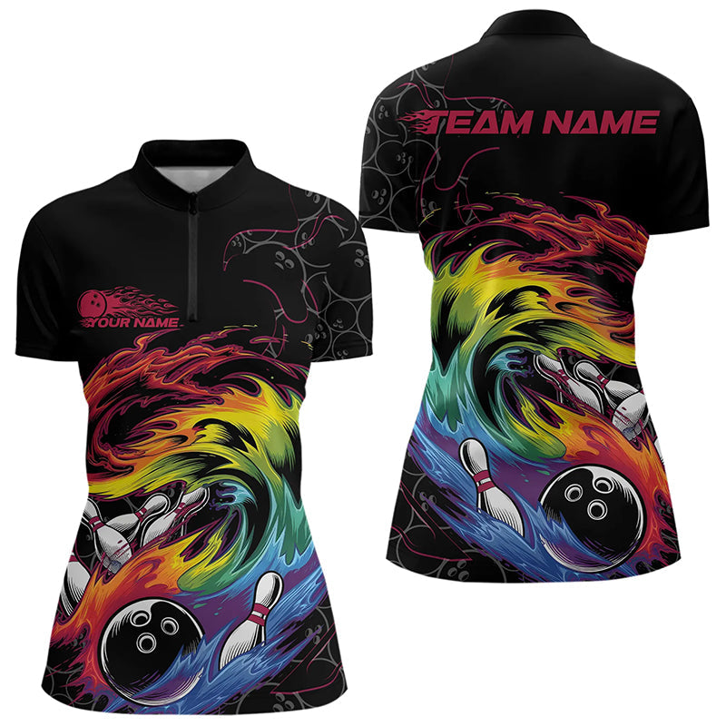 Custom Rainbow Flame Bowling Team Women Quarter-Zip Shirts, Colorful Bowling League Shirt IPHW8740