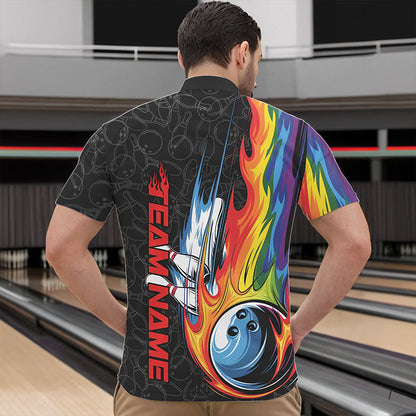 Custom Rainbow Flame Bowling Team Quarter-Zip Shirts For Men, Colorful Bowling League Shirt IPHW8747