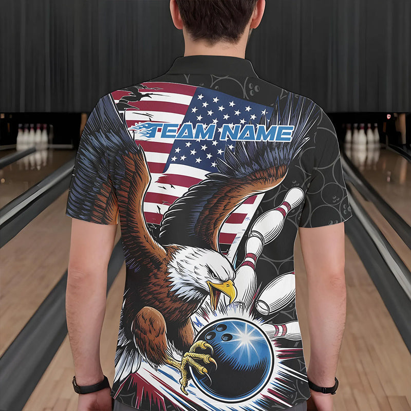 Custom American Flag Eagle Bowling Team Men Polo Shirts, Patriotic US Bowling League Shirt IPHW8752