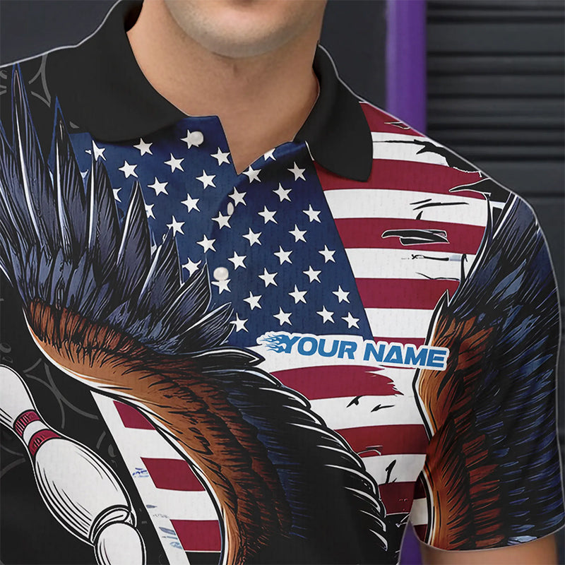 Custom American Flag Eagle Bowling Team Men Polo Shirts, Patriotic US Bowling League Shirt IPHW8752