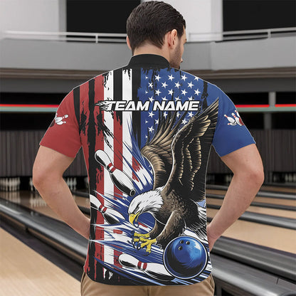 Custom American Flag Eagle Bowling Team Men Quarter-Zip Shirts, Patriotic US Bowling League Shirt IPHW8753