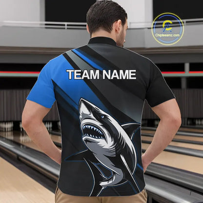 Custom Black And Blue Shark Bowling Jerseys, Bowling Team Uniform Shark Men Quarter-Zip Shirts IPHW9000